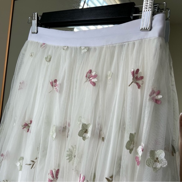 🍉Lily Brown Japan Floral Midi Skirt Embroidered Mesh Sheer Snidel Tulle White - Picture 2 of 9